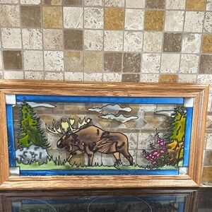 Stained Glass Moose Art with Wooden Frame
